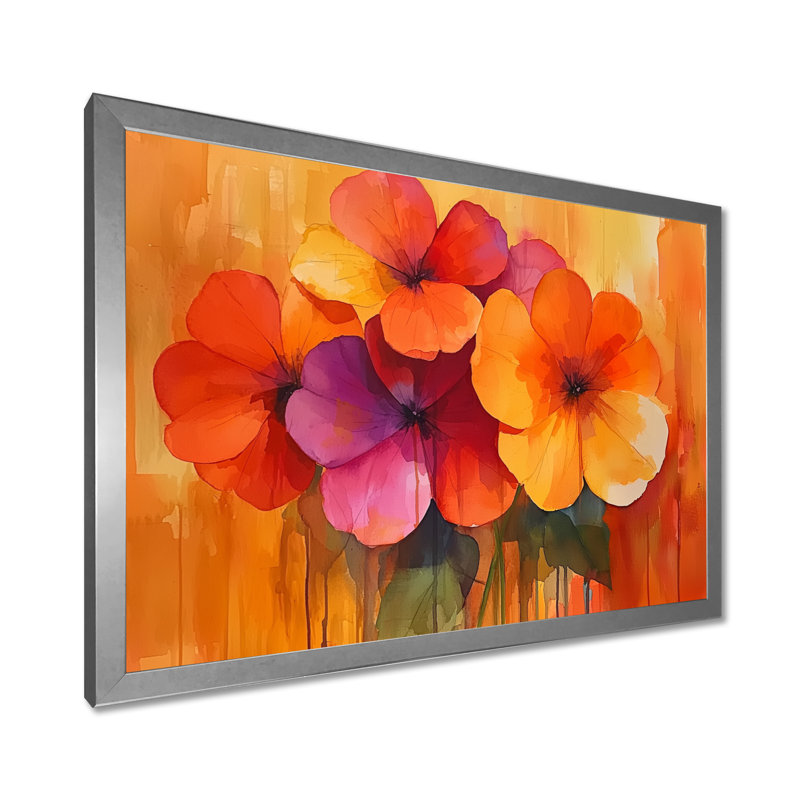 «Burnanium Geraniums In Fiery Shades Expression II» - art mural géraniums, H 12 po x l 20 po, Cadre simple, Argent argent