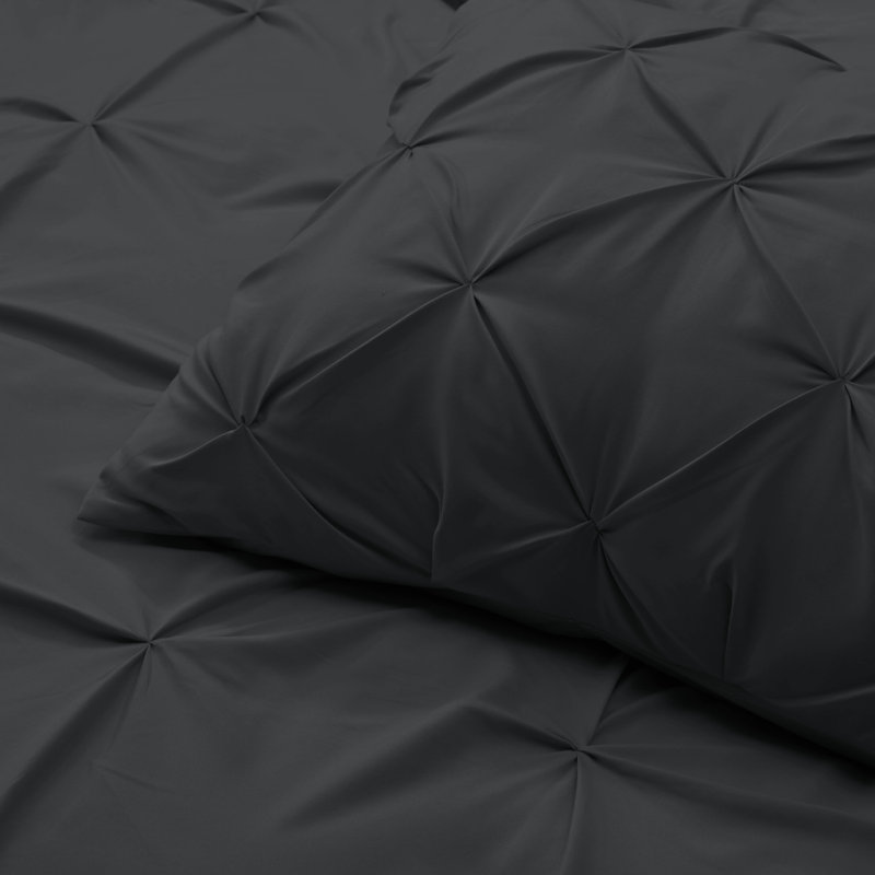 Double Brushed Pleated Duvet Cover Set, Cal. King Duvet Cover + 2 Standard Pillowcases, Black