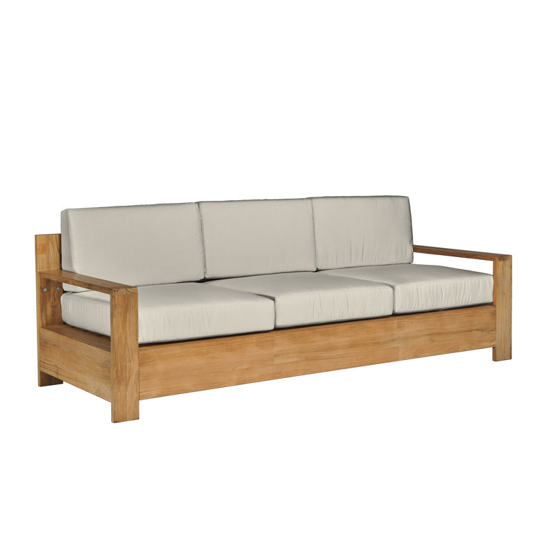 Canapé d’extérieur en teck pour 3 personnes avec coussins en Sunbrella beige antique, Tissu toile Sunbrella®, Bois naturel
