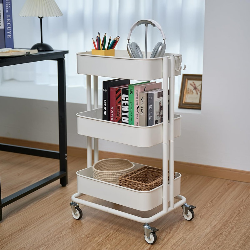 Chariot de rangement mobile en métal à 3 niveaux - Chariot de rangement multifonctionnel, Blanc
