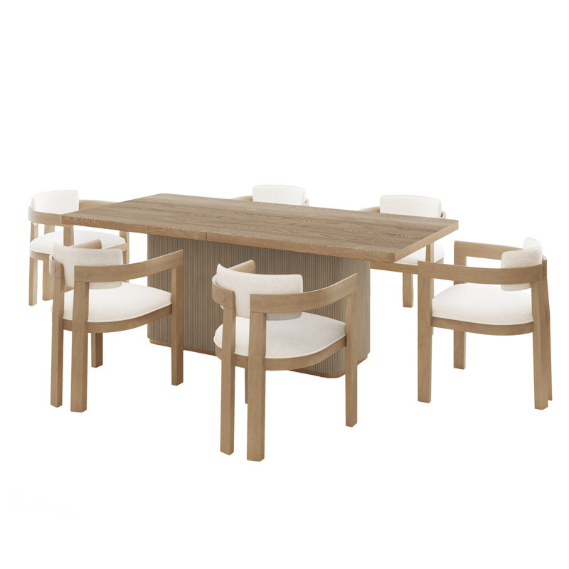 Ensemble de salle à manger 7 pièces de style Mid-Century moderne avec chaises rembourrées en mélange de lin et base rectangulaire
