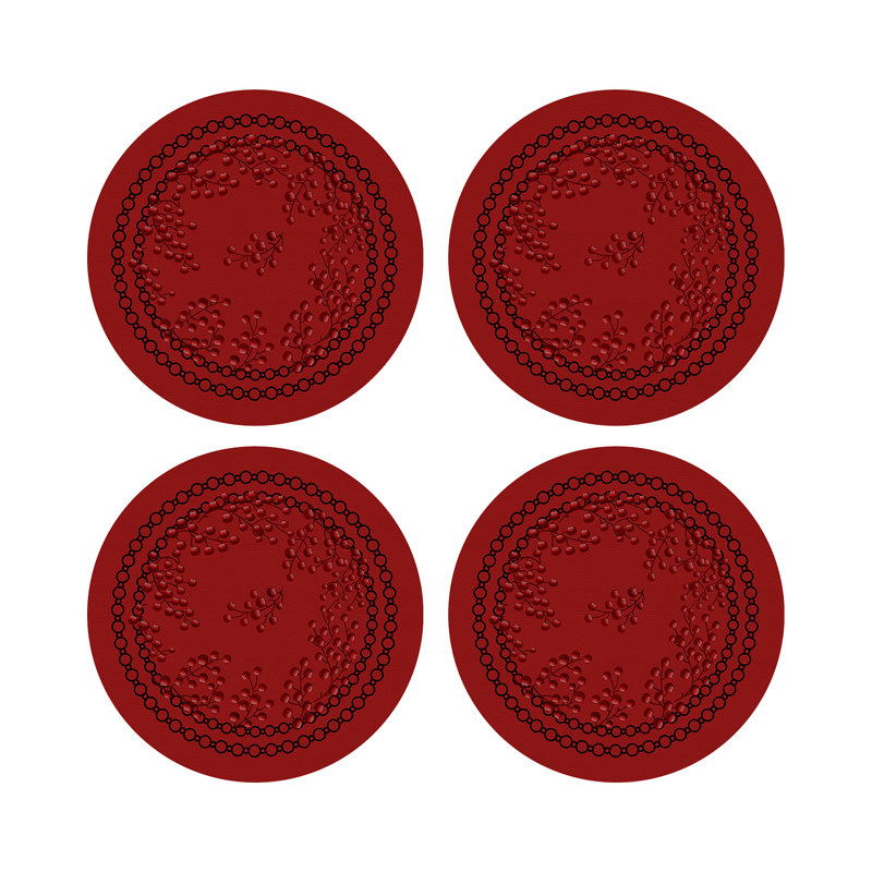 Christmas Berries Red White Vegan Leather Round Coasters, Red