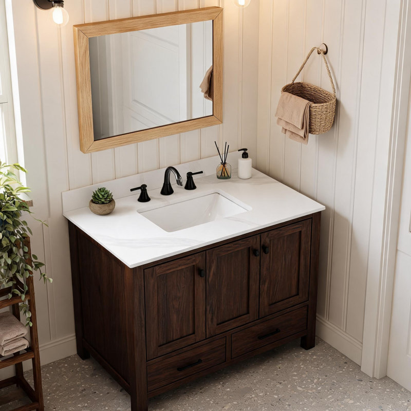 Plan de toilette en quartz blanc de Carrare de 94 cm (37 po) avec lavabo central encastré à une cuve et dosseret de 10 cm (4 po) de hauteur.