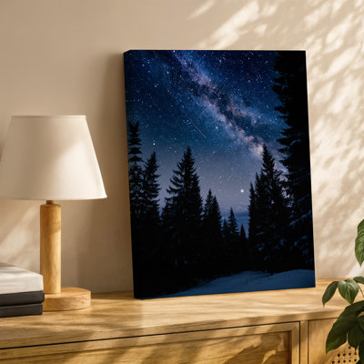 Canvas A Serene Winter Night Landscape Featuring A Dense Forest Of Wall Art Tall Dark Evergreen Trees Silhouetted Against A Star Canvas Wall Art
