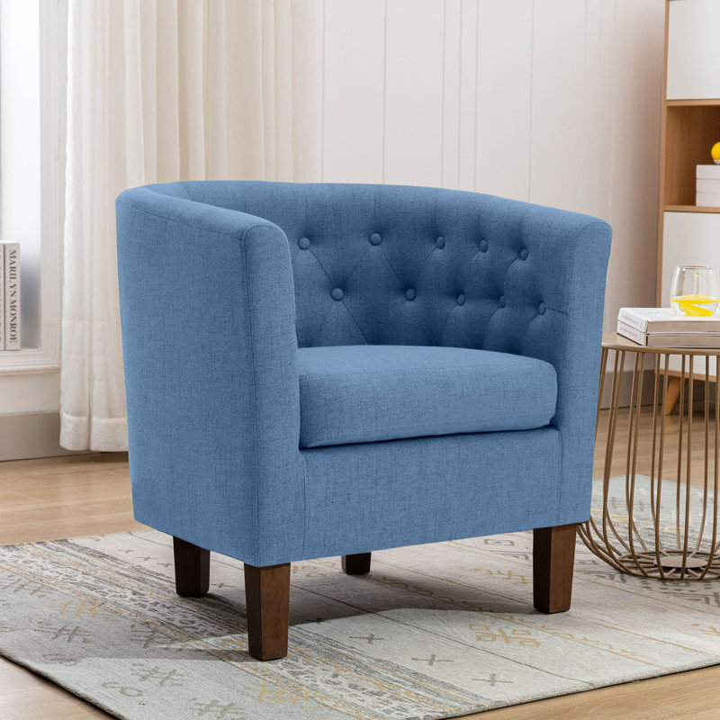 Fauteuil d'appoint en tissu avec pieds en bois d'hévéa, Mélange de polyester bleu