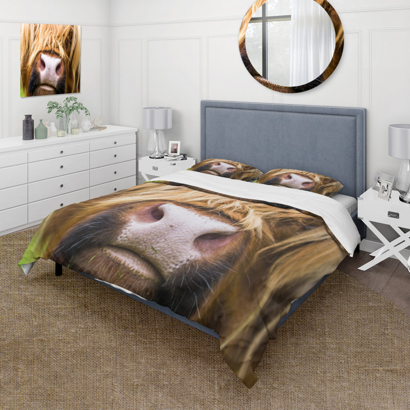 Gros plan sur les bovins Highland en Écosse - Ensemble de housse de couette Farmhouse - Polyester en microfibre