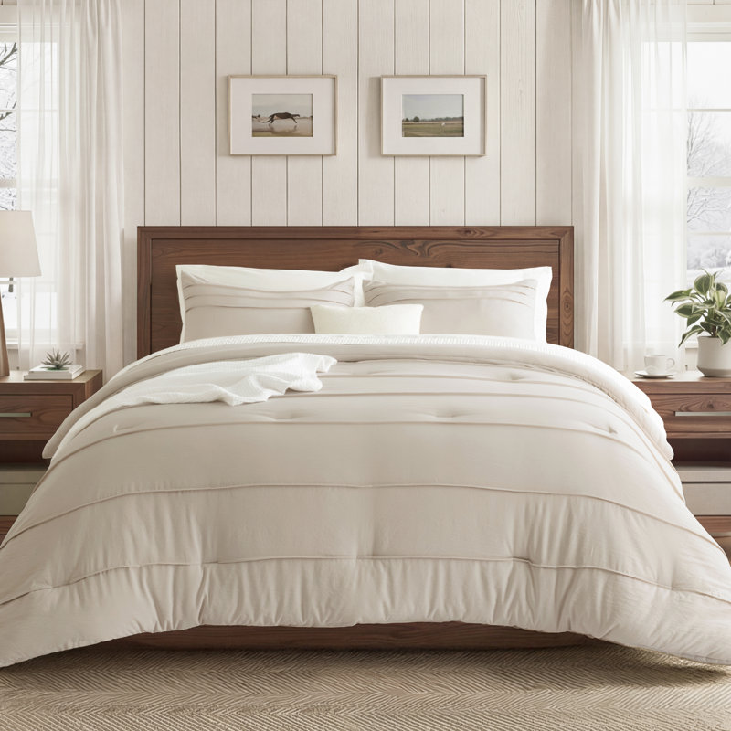 Bedsure Twin Comforter Set, Beige Soft Prewashed Bedding, 2 Pieces Striped Pleat Bed Set For All Seasons, 1 Comforter And 1 Pillowcase
