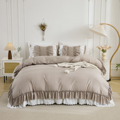 Taupe Ruffle Comforter Set King Size,Boho Bedding Sets, Soft Fluffy Comforters Sets for All Season,Vintage Ruffled 3 Pcs Microfiber Lightweight Quilt Set