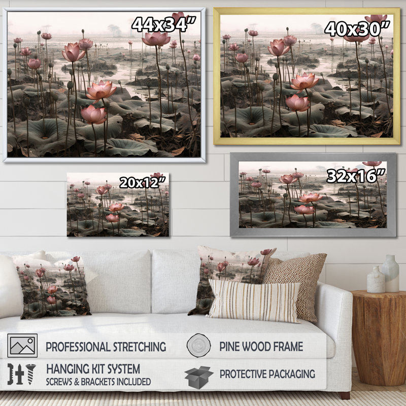 «Grey Pink Lotus Pond» sur toile par John Audubon, H 24 po x l 32 po x P 1 po, Cadre photo blanc