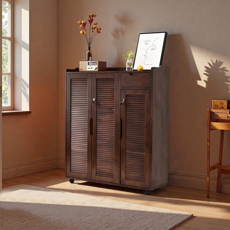 22 Pair Shoe Storage Cabinet, Dark Brown Wood