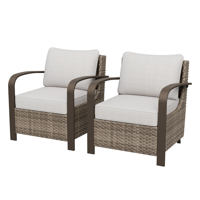 Patio Brown Wicker Lounge Chair, Metal Curved Armrest, Cushion (Set of 2), Beige