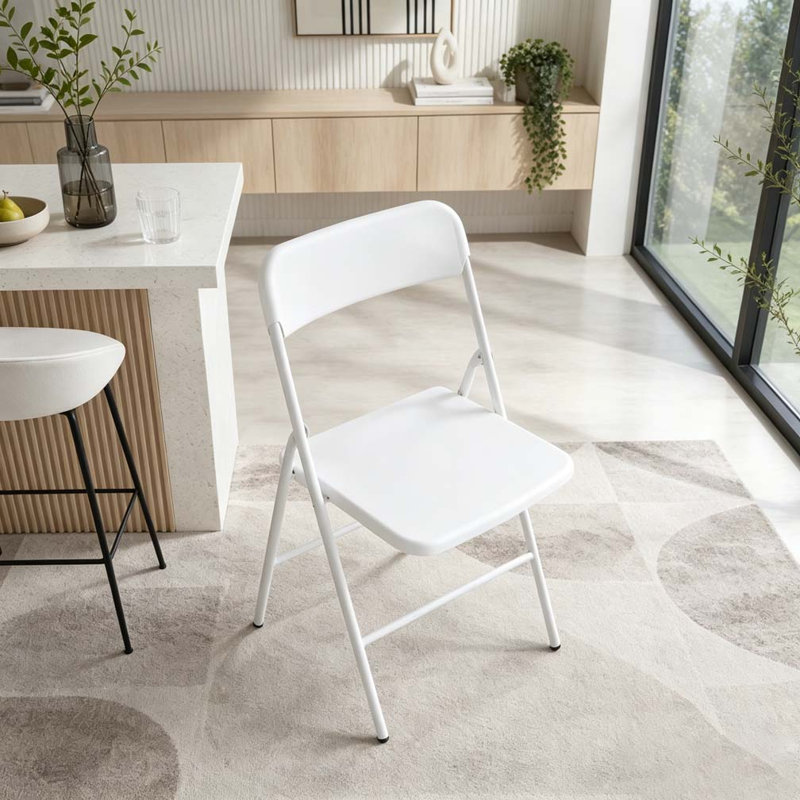 Ensemble de 4 chaises pliantes robustes avec coussin en PP et structure en acier, Blanc, Blanc