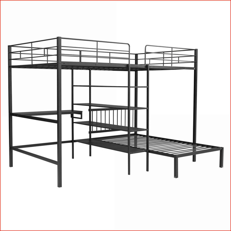 Lit superposé double au-dessus de simple avec bureau intégré, tablettes et amp; Échelle - Conception noire peu encombrante