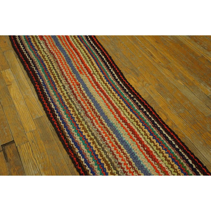 Striped Vintage Mid Century Modern Extra Long and Narrow Braided American Hallway Runner Rug