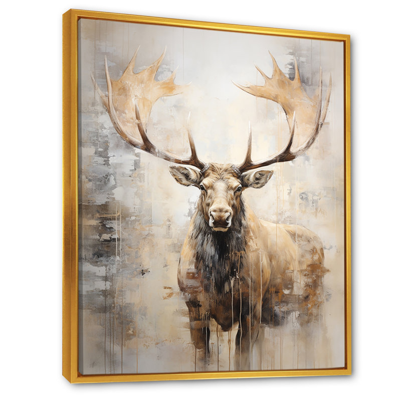 Portrait d'orignal majestueux beige, Cadre flottant doré, H 44 po x l 34 po x P 1,5 po