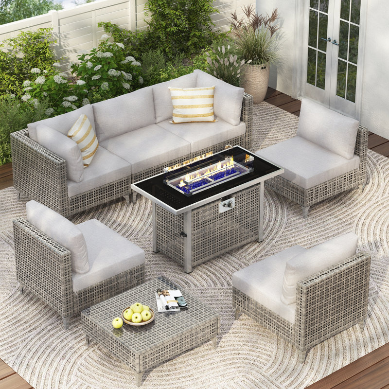 Ensemble de patio 8 pièces avec foyer et table basse, Gris