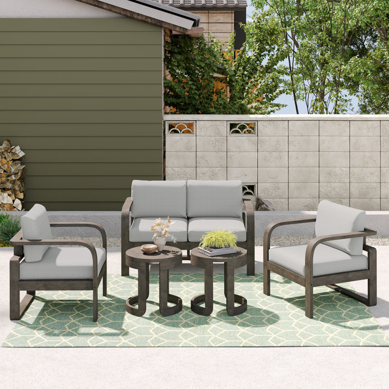 Light Brown Solid Wood 4-Person Outdoor Seating Set with Gray Cushions