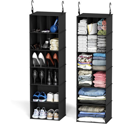 2-Pack Hanging Closet Organizer With Dividers – Black – 24-Compartment Hanging Shoe Shelves For Closet, Wardrobe, RV, Or Garment Rack