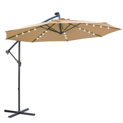 10 FT Solar LED Patio Outdoor Umbrella Hanging Cantilever Umbrella Offset Umbrella Easy Open Adustment With 32 LED Lights