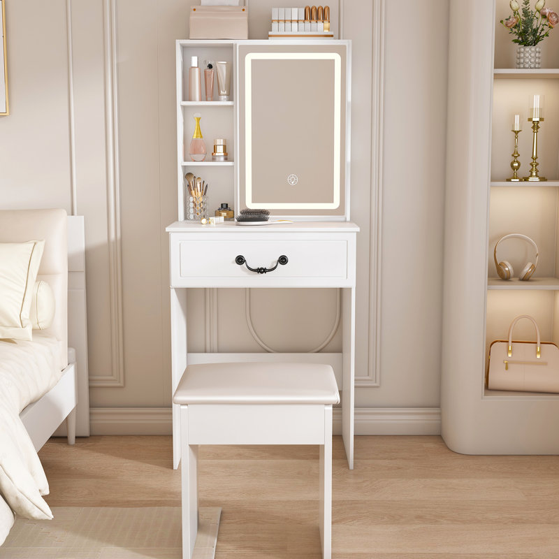 Mini coiffeuse moderne avec miroir à luminosité réglable, rangement intelligent, tablettes à plusieurs niveaux et tabouret rembourré blanc