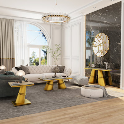3 Piece White Glass And Gold Living Room Table Set