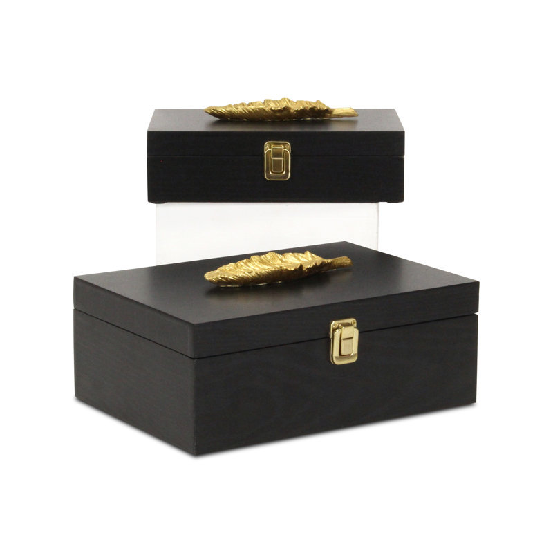 Canorus Rectangular Box Set with Gold Resin Feather - Black