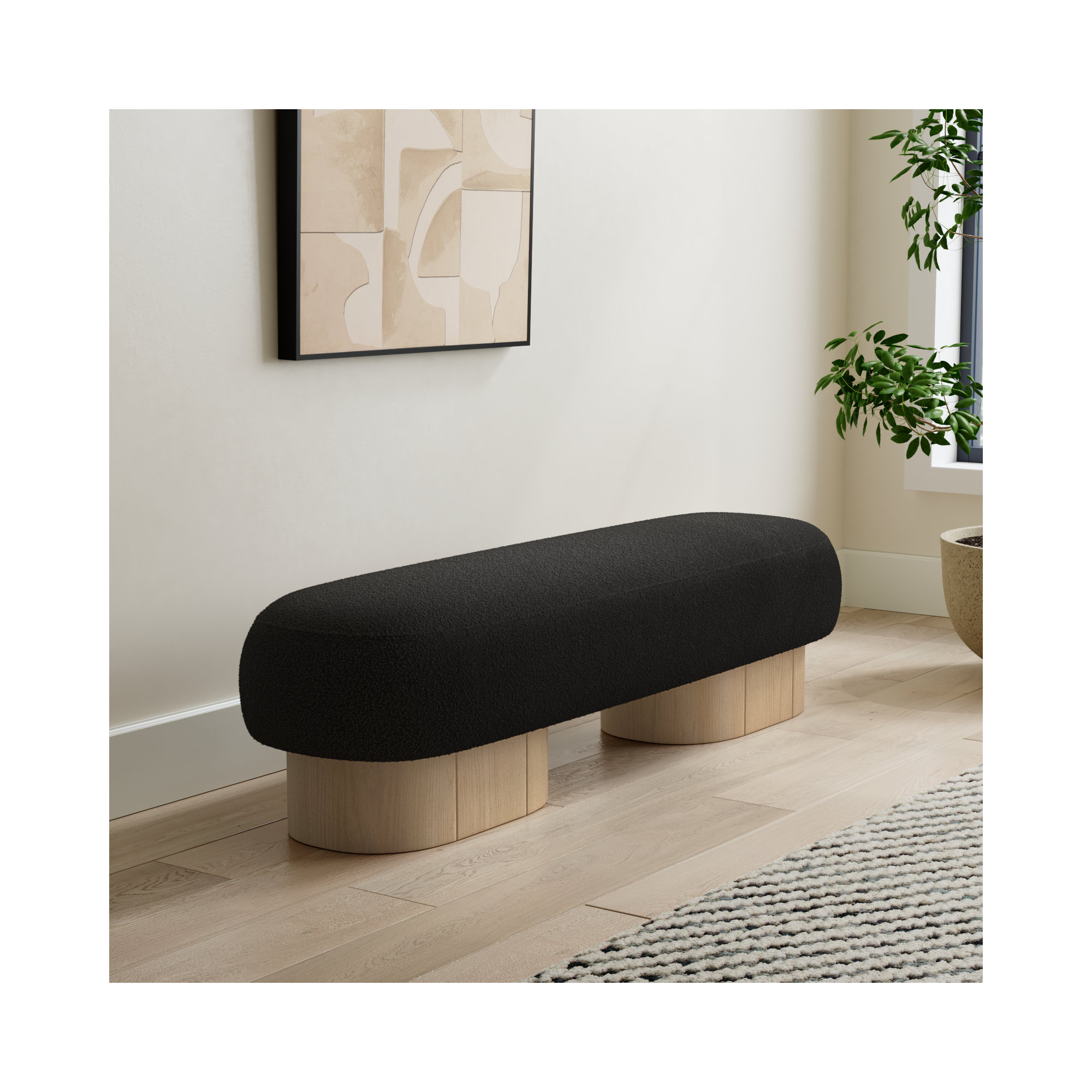 Denyer Boucle Fabric Upholstered Bench, Light Oak, Black Boucle Fabric