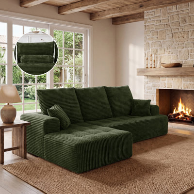 Canapé d'angle modulaire compressé en forme de L de 277 cm (109 po) de large avec méridienne, canapé 2 pièces en velours côtelé avec ressorts ensachés et assise profonde pour salon, aucun assemblage requis, vert