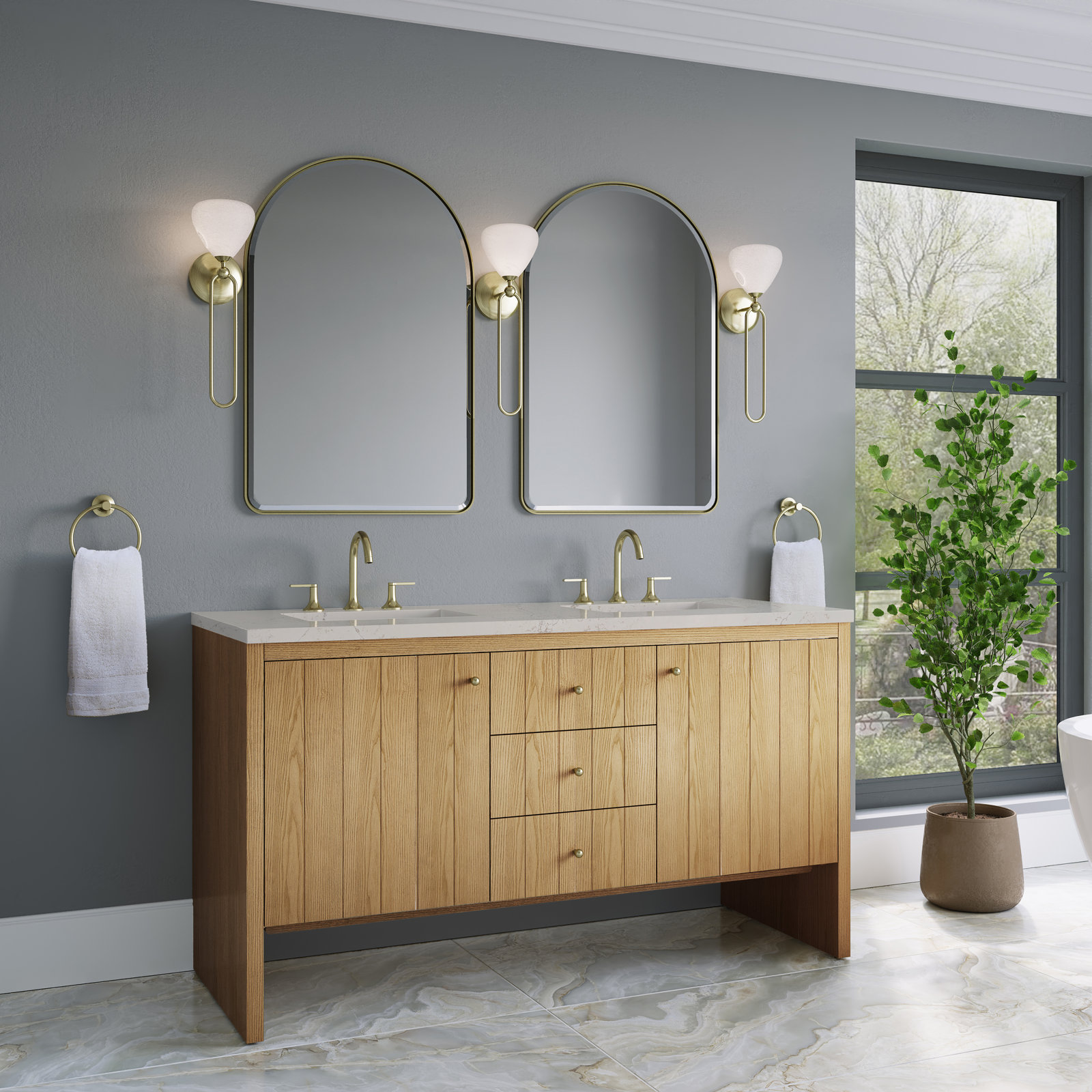 Hudson 60'' Double Bathroom Vanity, Light Natural Oak, Siberian, 8" Widespread