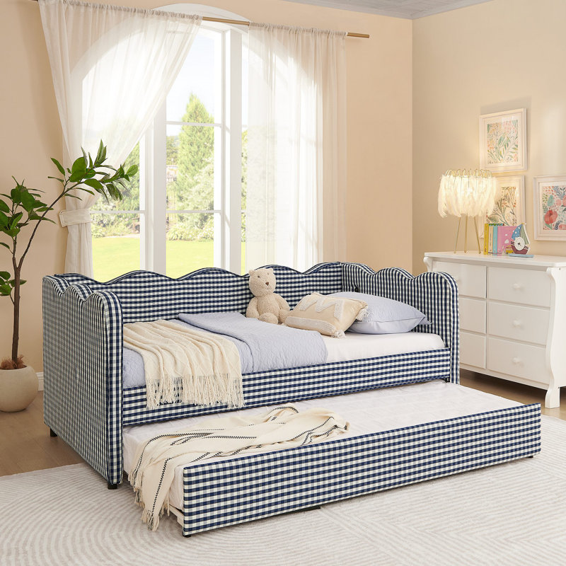 Daybed With Trundle Sofa Bed No Box Spring Needed, With USB Port And Adorable Wave Shaped, Linen Fabric, Navy