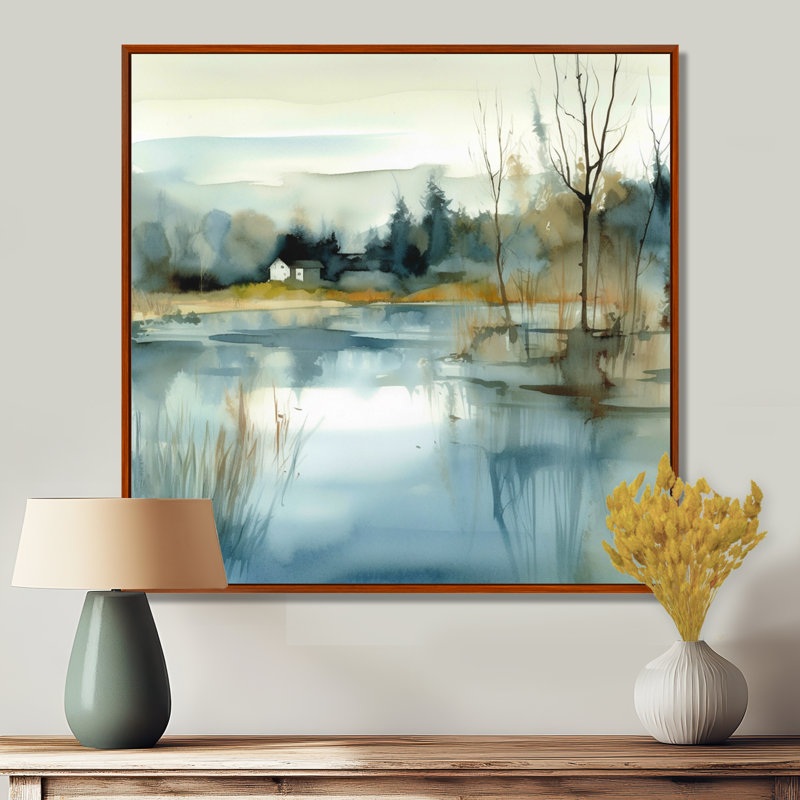 Summer Lake Landscape Illustration V - Lake, art mural, H 16 po x l 16 po x P 1 po, Cadre flottant brun