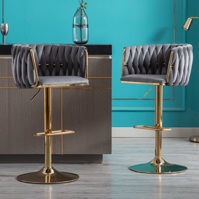 Luxury Velvet Bar Stools with Gold Metal Base, Adjustable Height Swivel Bar Chairs with Armrests for Kitchen Island, Bar, Modern Home Decor(Grey)（Set of 2）
