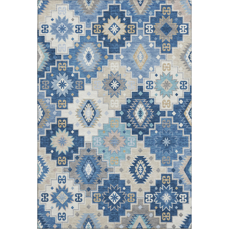 Premium Machine Washable Mayfield  Ethnic Rug, Blue, 10' x 14'