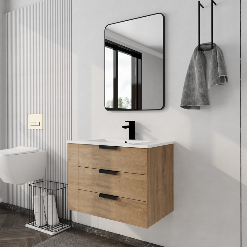 Jexby 30" Single Wall Mounted Bathroom Vanity with White Resin Sink Top, Left