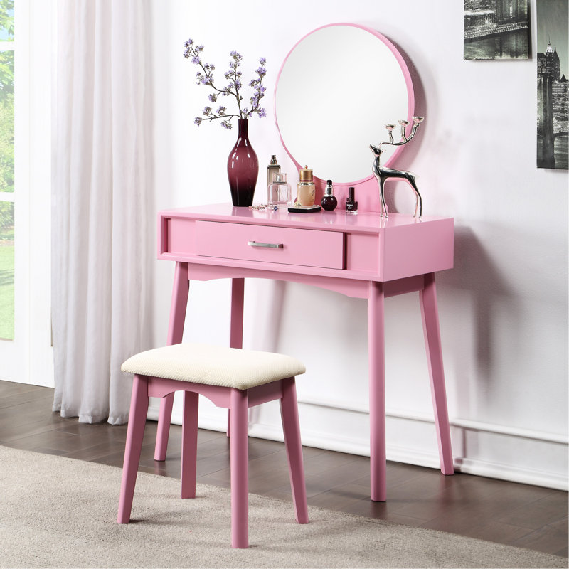 Meuble-lavabo et tabouret en bois rose avec pieds élégants, Rose