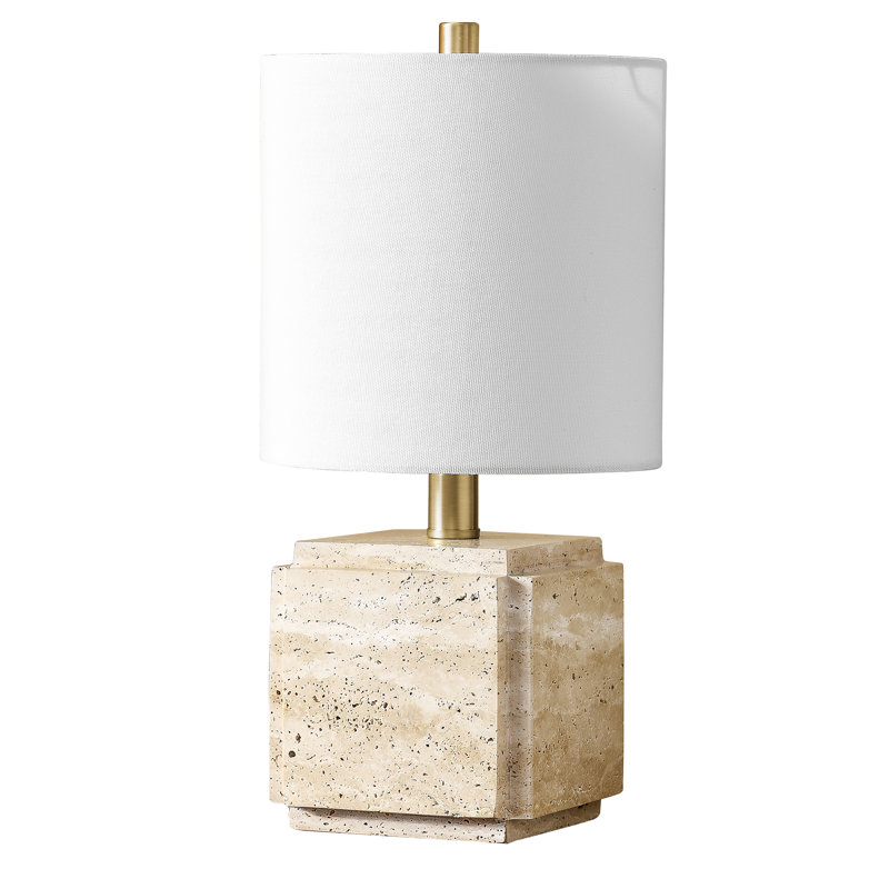 Kovac 16" Tall Stone Table Lamp with Fabric Shade Veined Travertine, Beige