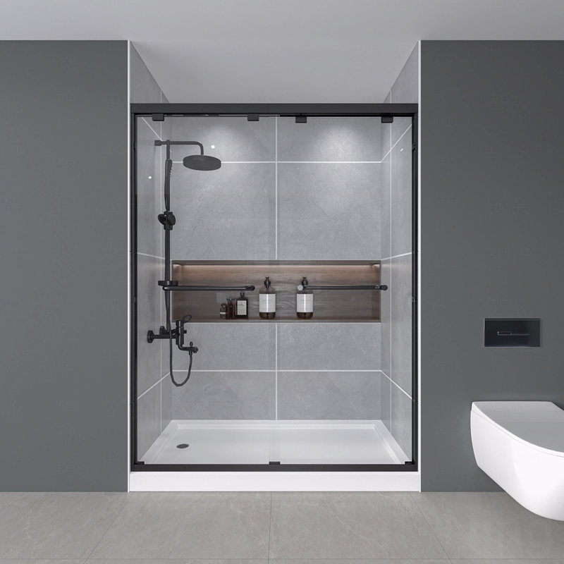 Porte de douche à double coulissement de 56 à 60 po x H 72 po, verre trempé de 1/4 po (6 mm), Noir mat