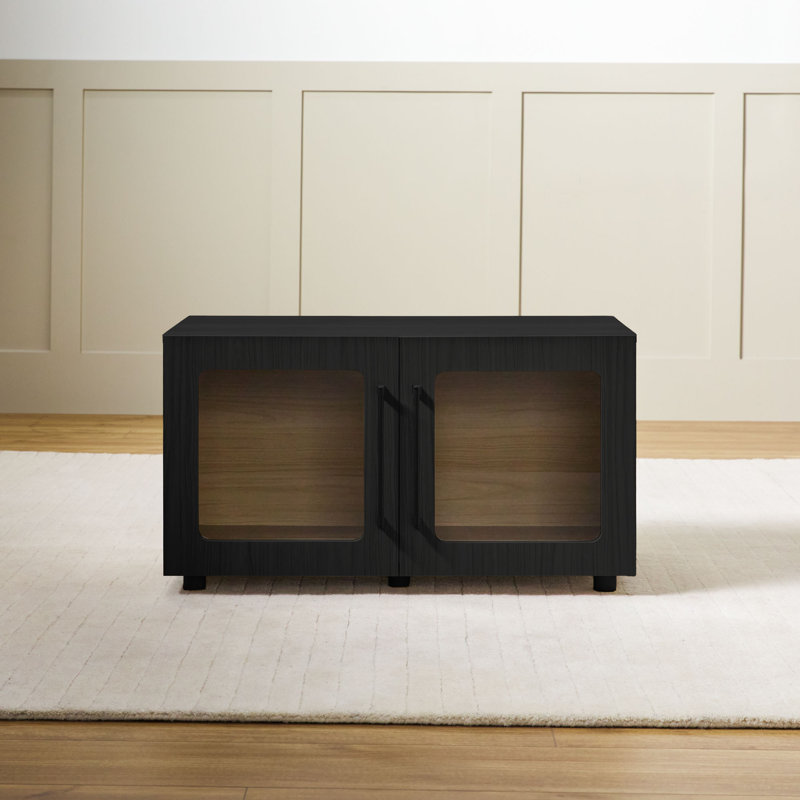 Modern 32" Low Profile Glass Door Modular Accent Cabinet, Black, 18" H x 32" W x 16.5" D