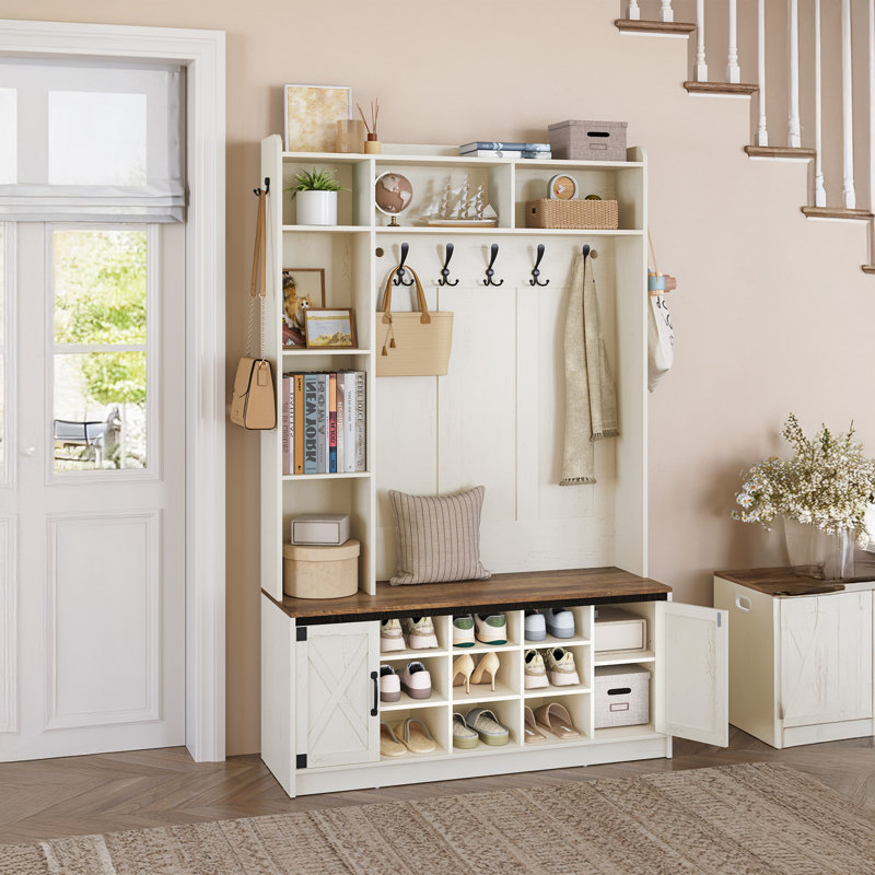 Hall Tree, 6-in-1 Farmhouse Entryway Bench with Shoe Storage Bench & Coat Rack, Entryway Furniture with 15 Cubbies & 5 Tri-Hook, Adjustable Shoe Storage