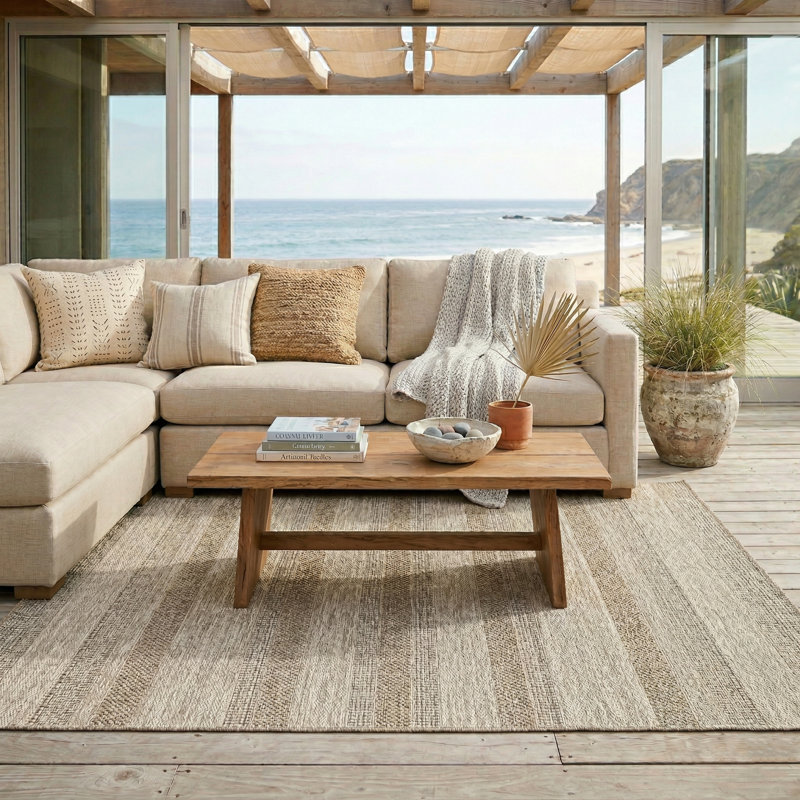 Hayaan Tan/Brown Striped Transitional Indoor/Outdoor Area Rug, Rectangle 5' x 7'