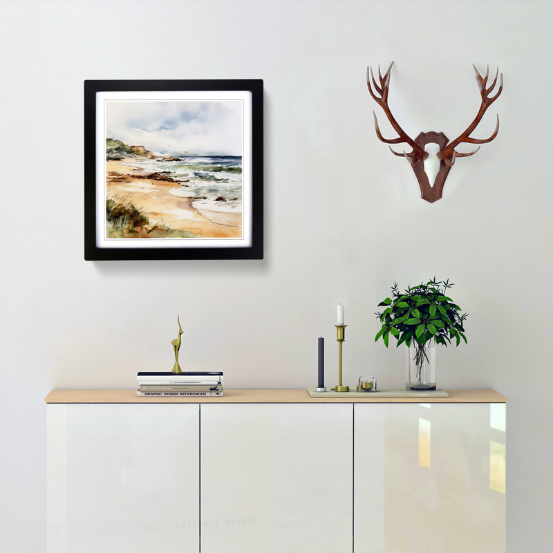 Beach Watercolour No.4 - Framed Print, Black