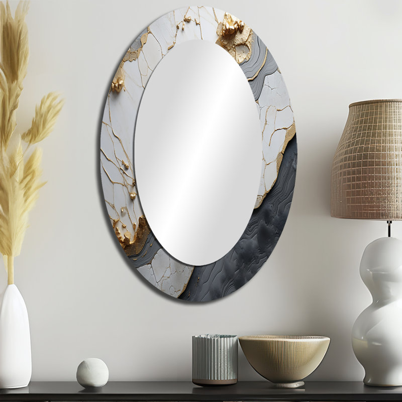 Minimalisme blanc doré Poteries - Grand miroir mural ovale sur métal, 36 po x 24 po