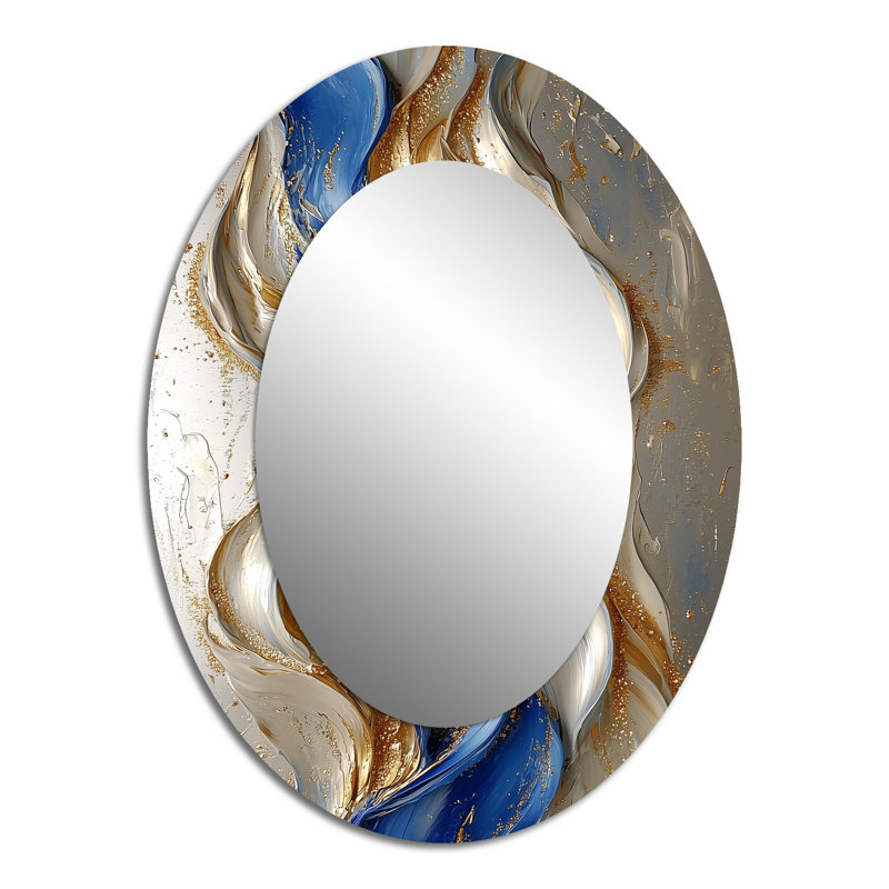 Rhythmic Golden Ink Waves Fusion II - Abstract Oval Decorative Mirror On Metal, 40" x 30"