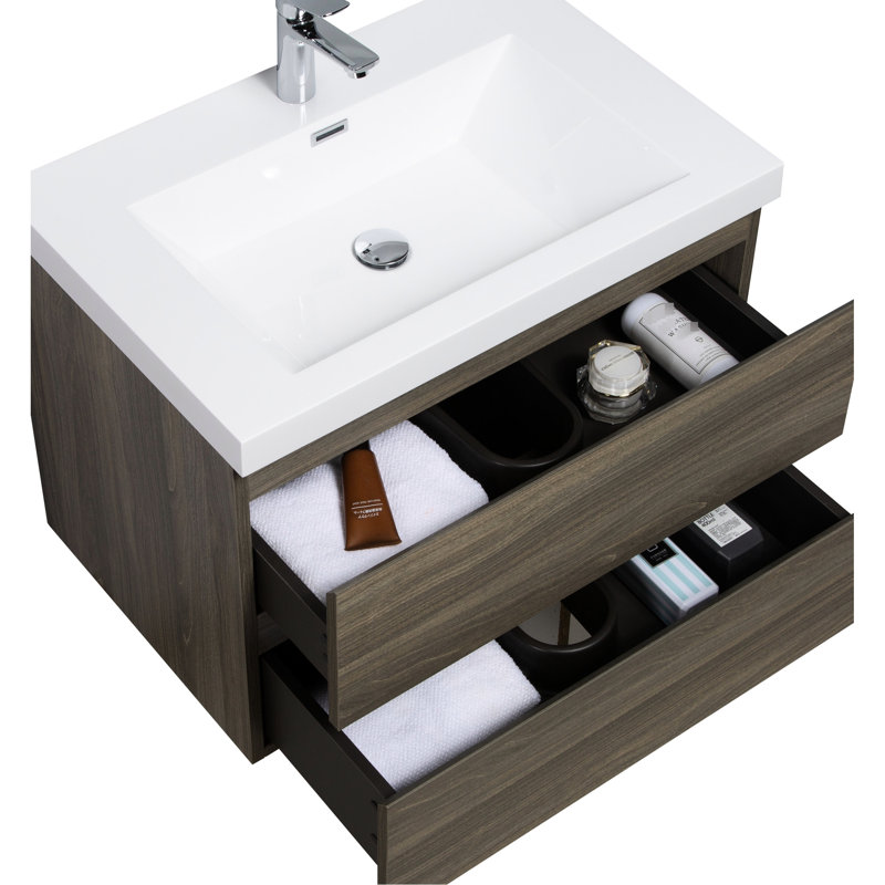 Meuble-lavabo flottant avec lavabo 30 po, compartiment mural, comptoir en résine, tiroirs à fermeture en douceur, lavabo gris cendré de 30 po, casier à tiroir contemporain, fermeture discrète