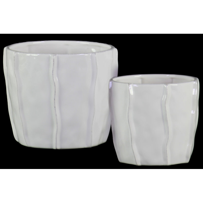 White Gloss Ceramic Wave Design Pot Planter Set