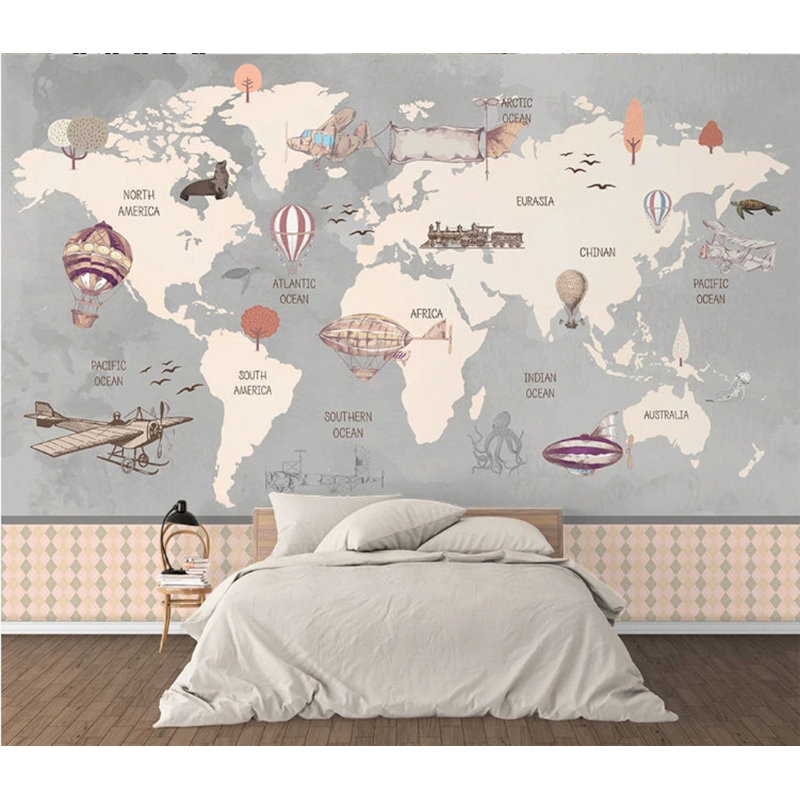 Papier peint amovible gris avec carte du monde moderne, L 9 po x l 15 po