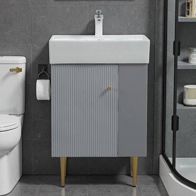 21.6" Grey Bathroom Vanity with Ceramic Sink, Soft-Closing Door & Open Shelving Storage