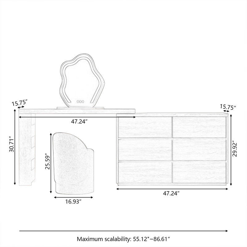 Coiffeuse avec miroir, 6 tiroirs, 1 chaise