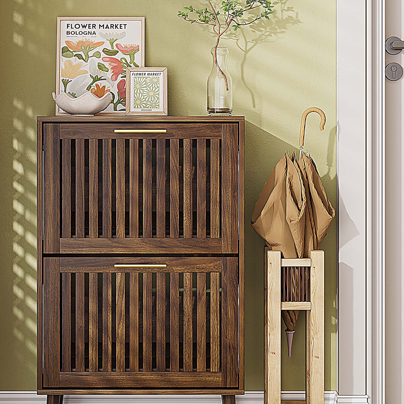23.6-inch walnut shoe cabinet, medieval modern independent shoe cabinet, fence shoe cabinet with 2 flip drawers