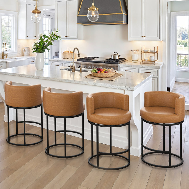 26" Swivel Counter Height Bar Stools With Arms and Footrest, Upholstered Cushion Full-Round Seat, Whiskey Brown